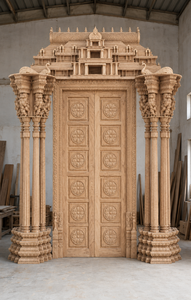 Puerta de la Sala de Pooja con Arco Gopuram del Sur de la India, Puerta de la Sala de Pooja Hecha a Mano en Madera de Teca, Puerta de Entrada a la Sala de Pooja con Tallado de Loto en Madera de Teca, Reino Unido - Product Image 2