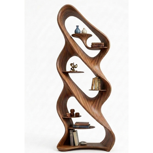 Étagère à livres en bois sculpturale moderne avec un design ondulé organique fluide - Product Image 1
