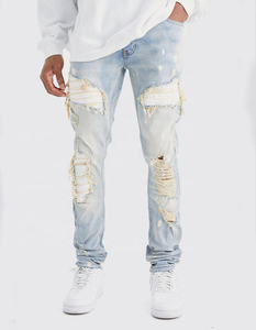Nuevos Jeans de Mezclilla Elásticos Ajustados de PU con Lavado Azul Antiguo y Estilo Biker para Hombre, con Rasgaduras y Reparaciones, Jeans Blancos Apilados con Efecto Desgastado y Estilo Moderno - Product Image 1