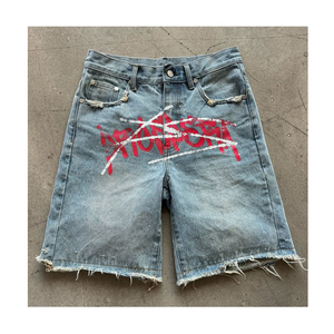 Pantalones Cortos de Mezclilla para Hombre, Personalizados, Transpirables, Casuales, de Verano, de Cintura Alta, con Letras Bordadas, Cierre de Botones, Estilo Holgado - Product Image 1