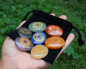 7 Chakra Engraved <b>Crystal</b> Stone <b>Set</b> Natural Quartz Agate Palmstones Polished Gem Figurines for Reiki Meditation - Product Image 3