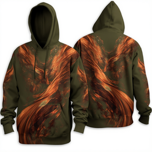 Premium Olive Green Heavyweight Cotton Hoodie Featuring Copper Fusion Abstract Artwork with Contemporary Relaxed Fit Style - Product Image 4