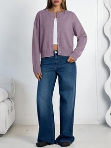 Cárdigan de punto corto morado para mujer, suéter informal con botones y cuello redondo de manga larga - Product Image 1