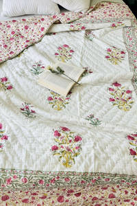 Reversible Hand Block Printed Cotton Quilt Multicolor Floral with Pink Striped Border Modern & Quirky <b>Comforter</b> Print Quilt <b>Set</b> - Product Image 5