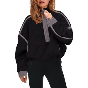 Hauts à capuche zippés pour femmes en polaire Sherpa, unis, respirants, doux et chauds, à manches longues, avec bordure contrastante, vêtements d'extérieur confortables et chauds - Product Image 2