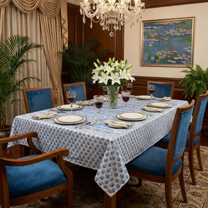 Trellis Blue Booti Hand Block Printed Cotton <b>Tablecloth</b> 180x270cm Handmade Designer Premium Dining Table Home Decor Gift - Product Image 2