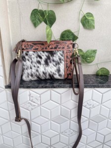 Western Patterned Leather Cowhide Fur Handbag Hand Tooled Carving Leather Tassel <b>Boho</b> Hot Sale Fur Sling <b>Bag</b> for Women - Product Image 4