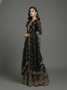 Costume Anarkali en soie noire brodée pour femmes, tenue de mariage traditionnelle longue jusqu'au sol, style Inde Pakistan - Product Image 1