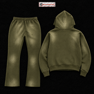 Ensemble de survêtement personnalisé pour homme, couleur olive, avec sweat à capuche zippé et pantalon évasé à empiècements contrastants beiges, ensemble deux pièces de sportswear, vente en gros OEM Streetwear - Product Image 6
