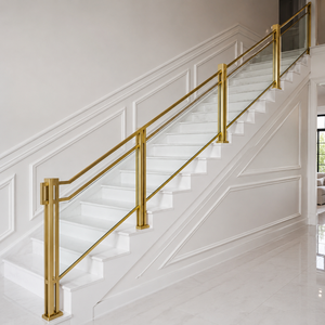 Escalera de mármol blanco de lujo con barandilla de vidrio dorado, escaleras interiores modernas para diseño de interiores de villas, hoteles y casas. - Product Image 3
