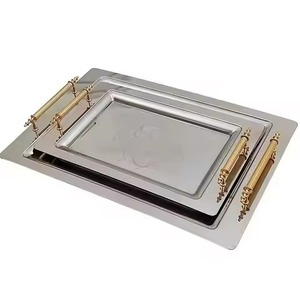 ถาดเสิร์ฟทรงกลมสีเงินสแตนเลสขัดเงาพร้อมหูจับรูปใบมะกอกสีทอง ขายส่ง - Product Image 3