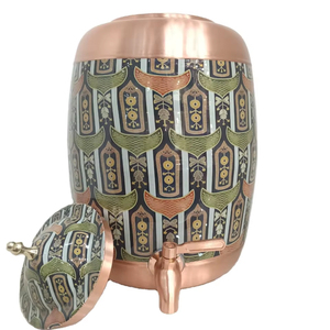 Distributeur d'eau en cuivre pur imprimé de qualité supérieure de 8 litres / Matka avec robinet anti-fuite, design classique pour la maison et le bureau, bienfaits ayurvédiques pour la santé - Product Image 1