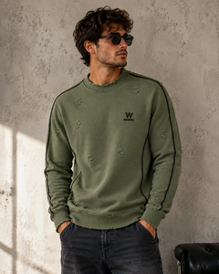 เสื้อสเวตเตอร์คอกลมสีเขียวมะกอกสำหรับผู้ชาย Warpro ทรงปกติ ผ้าฝ้ายถัก สวมใส่สบายๆ ในฤดูใบไม้ร่วง ดีไซน์แบบทำเก่า - Product Image 3
