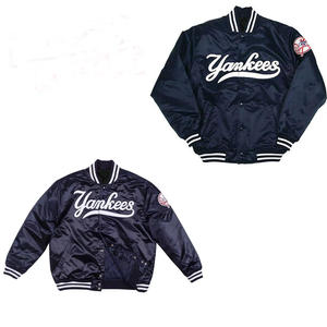 Chaqueta Universitaria Azul Marino Personalizada de Satén para Hombre, Chaqueta Bomber con Logotipo Blanco, Uniforme de Béisbol Letterman al por Mayor, Ropa Deportiva - Product Image 1
