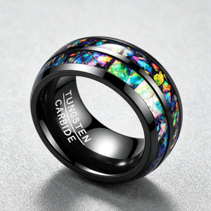 Bague en carbure de tungstène noir avec incrustation d'opale multicolore en forme de coquille concassée, alliance bombée pour hommes et femmes, bijoux Galaxy en gros - Product Image 3