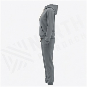 <b>Women</b> 100% Cotton Hooded Tracksuit Set Solid Gray Full Length Casual <b>Jogger</b> Sweatpants & Jacket Autumn Midweight <b>Fleece</b> - Product Image 2