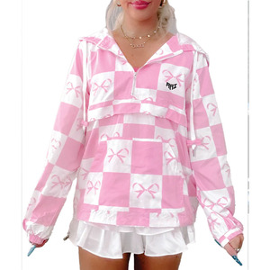 OEM Custom Pink Checkerboard Bow Print Hooded Nylon Windbreaker Lightweight Pullover Men's <b>Jacket</b> Fashion Outerwear For Women's - Product Image 4