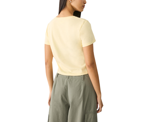 T-shirt court pour femme, jaune, col rond, manches courtes, imprimé lettres, décontracté, été, jersey 100% coton, respirant, coupe classique - Product Image 2