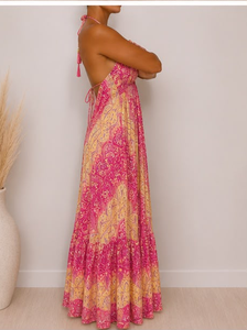 Magnifique robe longue pour femme, couleur claire, style bohème, sans manches, col en V, dos nu, fluide, pour l'été et la plage, avec ourlet à volants, assortiment varié - Product Image 3