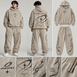 Ensemble de survêtement beige pour homme, sweat à capuche oversize et pantalon de jogging, streetwear, broderie personnalisée du logo, coton lourd - Product Image 4