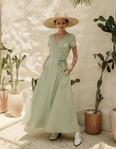 Vestido de Lino de Manga Corta con Bolsillos, Nuevo, Estilo Europeo Americano, Casual, Cuello en V, Largo hasta la Rodilla, con Botones - Product Image 1