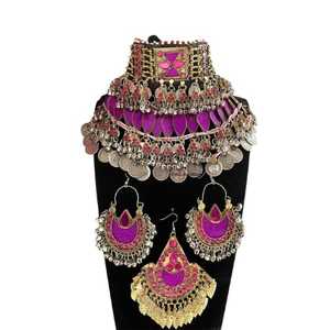 Parure de bijoux pour femme style bohème en alliage, collier et boucles d'oreilles, zircon violet, design à pampilles, plaqué or antique, mode mariage - Product Image 1