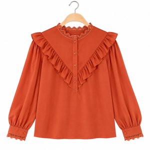 Wholesale Ladies Elegant Ruffle V Yoke <b>Blouse</b> Floral Lace Collar <b>Long</b> Sleeve Shirt <b>for</b> Boutique Retail and Office Workwear Shops - Product Image 1