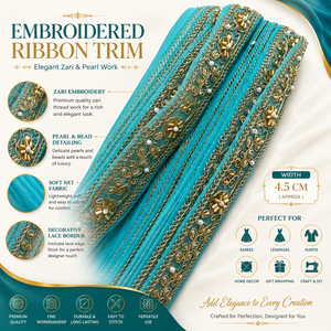 Elegante Cinta de Encaje Bordada en Turquesa con Cuentas Doradas y Trabajo Zari para Decoración de Vestidos Saree y Manualidades - Product Image 6