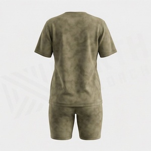 Ensemble 2 pièces pour femmes, t-shirt à manches courtes en tricot uni et short au-dessus du genou, col rond, respirant, vêtements de sport décontractés - Product Image 2