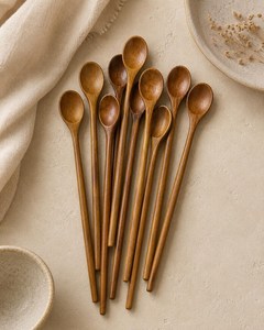 Juego de Cuchara y Tenedor de Madera de Acacia Pulida a Mano, Ecológico, Diseño Tradicional de Lujo, Cubiertos Reutilizables para Bodas y Fiestas - Product Image 3