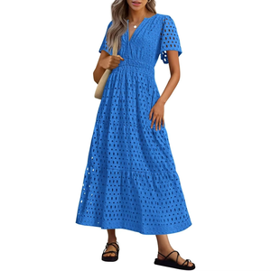 Vestido Maxi Personalizado para Mujer, Verano 2026, Cuello en V, Diseño Calado, Manga Corta, Largo y Fluido, para Vacaciones en la Playa - Product Image 5