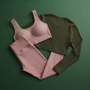 Women Pink Olive Green Yoga Set Sports Bra <b>Bolero</b> <b>Jacket</b> High Waist Leggings Gym Fitness Workout Activewear Set - Product Image 6