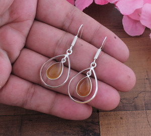 Natural Blue Lace Agate Gold Plated 925 <b>Sterling</b> <b>Silver</b> Vintage Teardrop Frame Dangle Earrings Gift Jewelry - Product Image 2