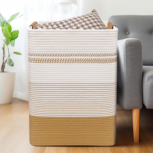 Grand panier de rangement carré en corde de coton tressée à la main, écologique, avec doublure en paille, ouverture supérieure, deux poignées en cuir, rayé - Product Image 4