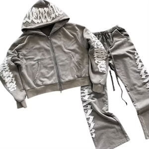 Gray Hooded Tracksuit Set Full Sleeve Zipper <b>Jacket</b> Pants <b>Letter</b> Print Streetwear Loose Fit Autumn Wear - Product Image 1