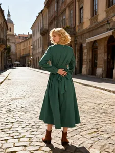 Vestido Midi de Algodón Verde Esmeralda para Mujer, Manga Larga, Corte en A, Fluido, Elegante, Casual, Vestido de Verano - Product Image 4