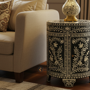 Luxury Modern Black Chevron Bone Inlay Eco-Friendly <b>Side</b> <b>Table</b> 2 Drawers Handcrafted Wooden <b>Drum</b> Accent Bedroom Furniture - Product Image 3