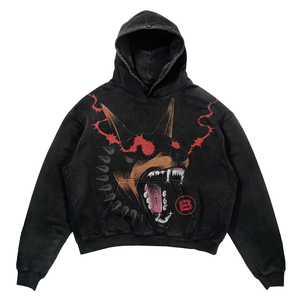 Custom Logo Men's Oversized Black Hooded Sweatshirt Winter Streetwear <b>Dog</b> Print Pullover with Red Eco-Friendly Pocket Design - Product Image 2