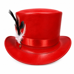 Sombrero de Copa Rojo de Cuero para Hombre, Decorado con Plumas, Corona Alta, Ala Ancha, Sombrero de Disfraz de Caballero, para Festivales y Fiestas - Product Image 1