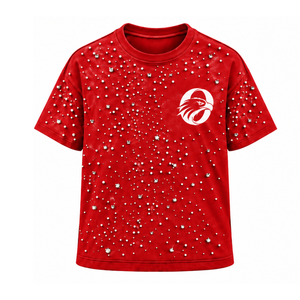 T-shirt unisexe rouge vif orné de perles, tendance, à manches courtes, col rond, avec perles décoratives, pour un style décontracté. - Product Image 1