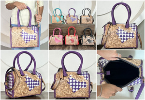 High Quality Portable Large Capacity <b>Tooled</b> Floral Checkered Speedy Duffel Bags Cowgirl Style Handmade Crossbody Female Handbags - Product Image 3