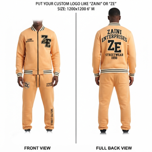 Mens Varsity Tracksuit 380 GSM Premium Cotton Polyester Fleece Peach Color Chenille Patch <b>Embroidery</b> Print Custom Logo OEM ODM - Product Image 1