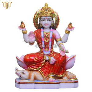 Marble Ganga Mata Statue Seated on Makara- 12 Inch | Red Attire, Ornate Crown and Sacred Water Pots by MALIYAS Jaipur India - Product Image 2