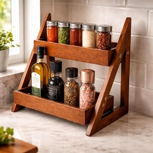 Étagère à épices en bois à 2 niveaux, étagère de rangement pour assaisonnements sur comptoir, organisateur de cuisine pliable - Product Image 2