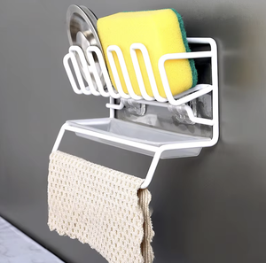 Soporte de esponja de cocina OEM/ODM con escurridor, organizador autoadhesivo para fregadero, jabonera, paño, cepillo, almacenamiento, con recubrimiento de polvo blanco - Product Image 3