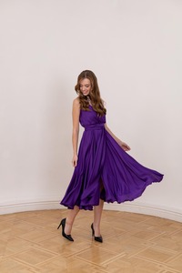 Women <b>Halter</b> Deep V Neck Cutout Waist High Slit Woven Satin Silk A-Line Romantic Stylish Evening Party <b>Dress</b> Elegant Formal Gown - Product Image 4
