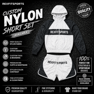 REXFIT SPORTS 2026 Custom Black <b>White</b> Nylon Windbreaker <b>Jacket</b> and Shorts Set Private Label Streetwear Sportswear - Product Image 1