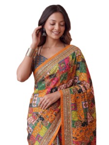 Sari Tradicional Indio con Estampado Digital Ajrak y Blusa con Espejos, para Mujer, Ideal para Bodas y Fiestas, Largo hasta el Suelo, Corte Regular, Elegante - Product Image 5