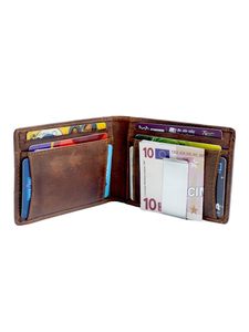 WRIZA Men's Short Bifold Genuine Leather <b>Wallet</b> RFID Blocking 9 Card Slots <b>Metal</b> Money Clip Zipper Coin Pocket Vintage Brown - Product Image 3