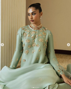 Elegant Mint <b>Green</b> <b>Silk</b> Salwar Kameez Gold Embroidery Floor-Length Traditional Women's Wedding Wear India Pakistan Sun - Product Image 6